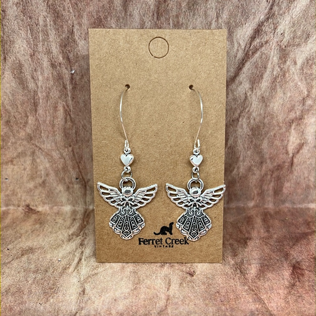 Angel And Hearts Handcrafted Silver Tone Earring With Long Ear Wires